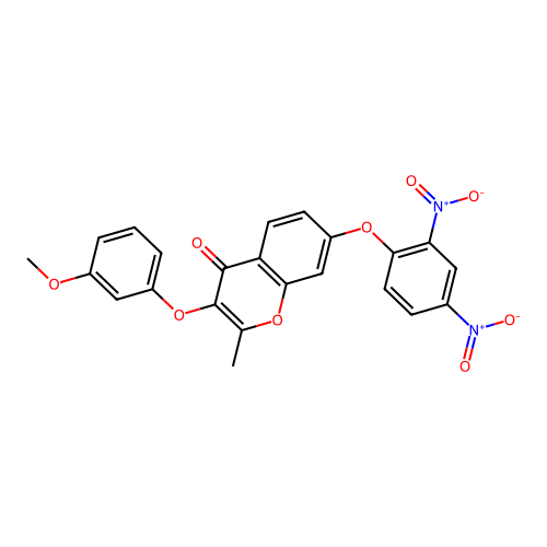 7-(2,4-dinitrophenoxy)-3-(3-methoxyphenoxy)-2-methyl-4H-chromen-4-one structure
