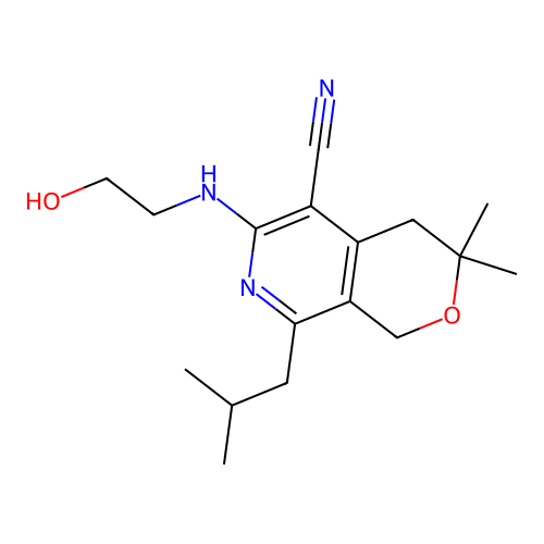 6-((2-hydroxyethyl)amino)-8-isobutyl-3,3-dimethyl-3,4-dihydro-1H-pyrano[3,4-c]pyridine-5-carbonitrile structure