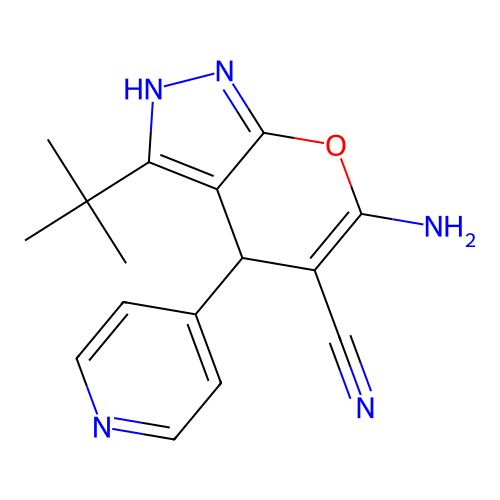 6-amino-3-tert-butyl-4-(4-pyridinyl)-1,4-dihydropyrano[2,3-c]pyrazole-5-carbonitrile structure