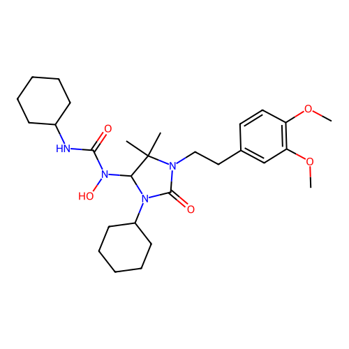 3-cyclohexyl-1-(3-cyclohexyl-1-(3,4-dimethoxyphenethyl)-5,5-dimethyl-2-oxoimidazolidin-4-yl)-1-hydroxyurea structure