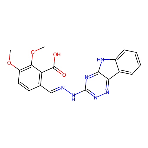 2,3-dimethoxy-6-[(5H-[1,2,4]triazino[5,6-b]indol-3-ylhydrazinylidene)methyl]benzoic acid structure