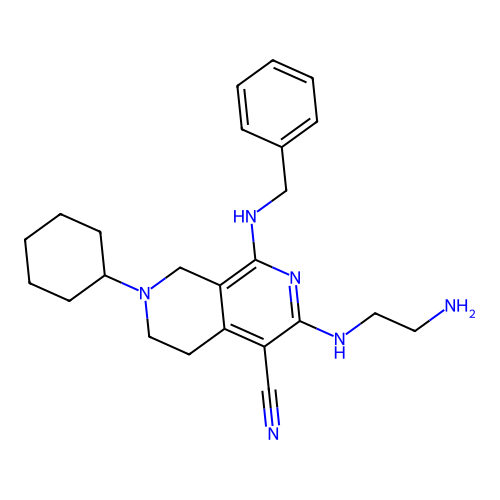3-(2-aminoethylamino)-1-(benzylamino)-7-cyclohexyl-6,8-dihydro-5H-2,7-naphthyridine-4-carbonitrile structure