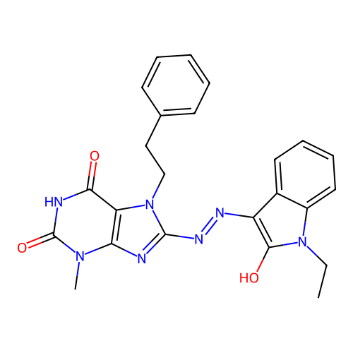 (E)-8-(2-(1-ethyl-2-oxoindolin-3-ylidene)hydrazinyl)-3-methyl-7-phenethyl-1H-purine-2,6(3H,7H)-dione structure