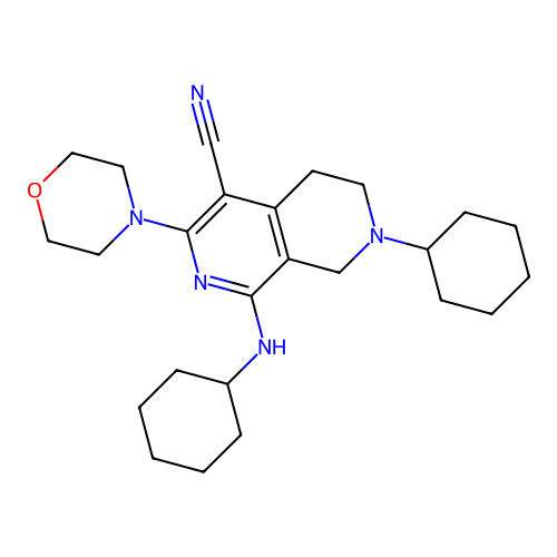 7-cyclohexyl-1-(cyclohexylamino)-3-morpholin-4-yl-6,8-dihydro-5H-2,7-naphthyridine-4-carbonitrile structure