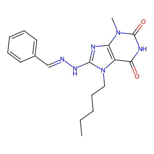 8-[(2E)-2-benzylidenehydrazinyl]-3-methyl-7-pentylpurine-2,6-dione structure