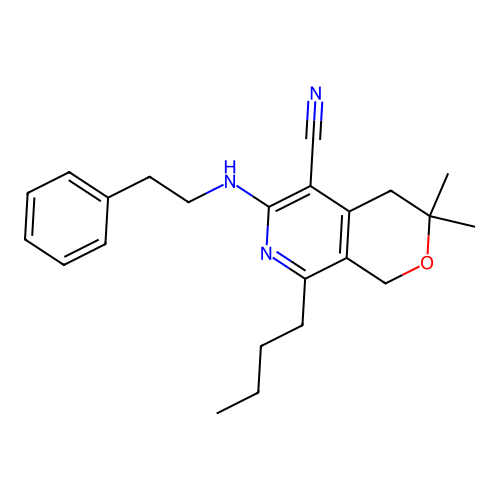 8-butyl-3,3-dimethyl-6-(phenethylamino)-1,4-dihydropyrano[3,4-c]pyridine-5-carbonitrile structure