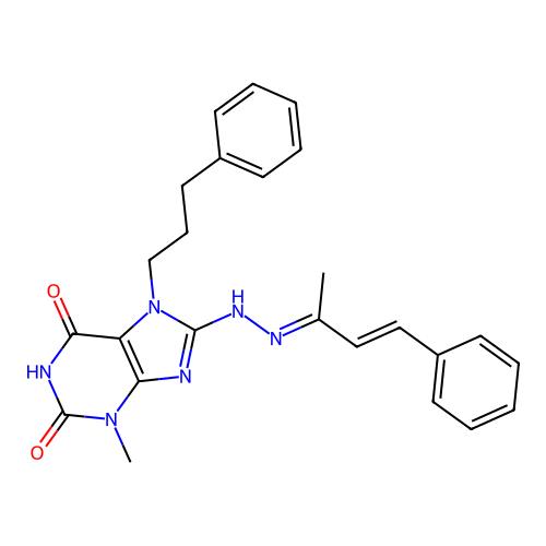 3-methyl-8-((E)-2-((E)-4-phenylbut-3-en-2-ylidene)hydrazinyl)-7-(3-phenylpropyl)-1H-purine-2,6(3H,7H)-dione structure