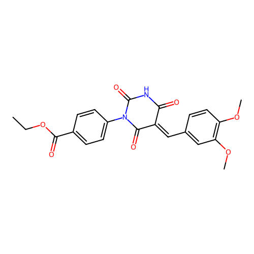 (E)-ethyl 4-(5-(3,4-dimethoxybenzylidene)-2,4,6-trioxotetrahydropyrimidin-1(2H)-yl)benzoate structure