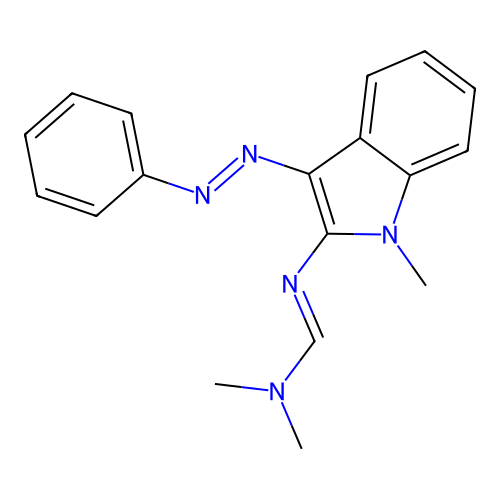 N,N-dimethyl-N'-(1-methyl-3-phenyldiazenylindol-2-yl)methanimidamide structure