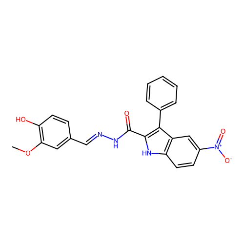 N'-(4-hydroxy-3-methoxybenzylidene)-5-nitro-3-phenyl-1H-indole-2-carbohydrazide structure