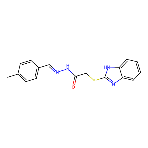 N-[(1E)-2-(4-methylphenyl)-1-azavinyl]-2-benzimidazol-2-ylthioacetamide structure