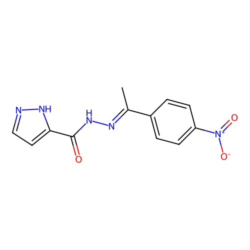 N-[1-(4-nitrophenyl)ethylideneamino]-1H-pyrazole-5-carboxamide structure