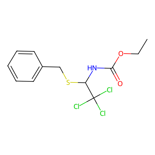 Ethyl 1-(benzylsulfanyl)-2,2,2-trichloroethylcarbamate structure