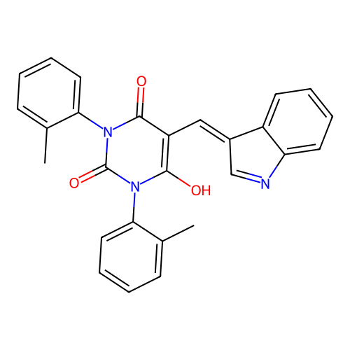 6-Hydroxy-5-(indol-3-ylidenemethyl)-1,3-bis(2-methylphenyl)pyrimidine-2,4-dione structure