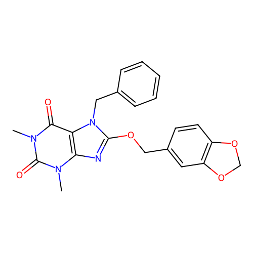 8-(1,3-benzodioxol-5-ylmethoxy)-7-benzyl-1,3-dimethyl-3,7-dihydro-1H-purine-2,6-dione structure