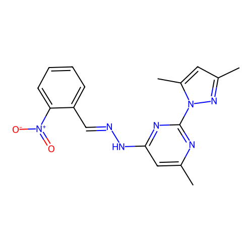 2-(3,5-dimethyl-1H-pyrazol-1-yl)-4-methyl-6-[(2E)-2-(2-nitrobenzylidene)hydrazinyl]pyrimidine structure