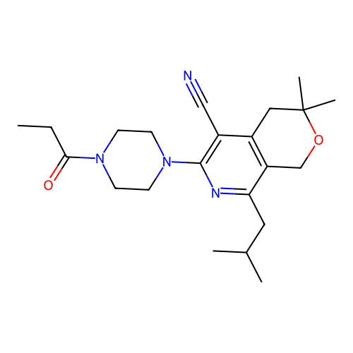 3,3-dimethyl-8-(2-methylpropyl)-6-(4-propanoylpiperazin-1-yl)-1,4-dihydropyrano[3,4-c]pyridine-5-carbonitrile structure