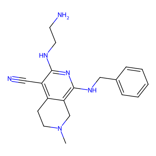 3-((2-aminoethyl)amino)-1-(benzylamino)-7-methyl-5,6,7,8-tetrahydro-2,7-naphthyridine-4-carbonitrile structure