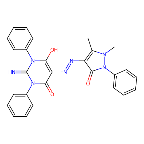 5-(2-(1,5-dimethyl-3-oxo-2-phenyl-2,3-dihydro-1H-pyrazol-4-yl)hydrazono)-2-imino-1,3-diphenyldihydropyrimidine-4,6(1H,5H)-dione structure