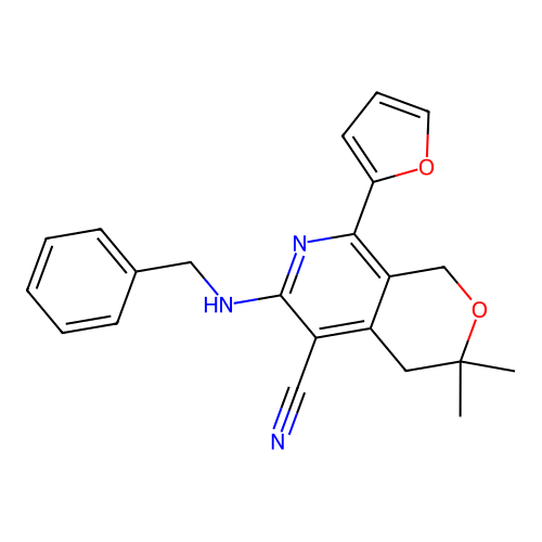 6-(benzylamino)-8-(furan-2-yl)-3,3-dimethyl-3,4-dihydro-1H-pyrano[3,4-c]pyridine-5-carbonitrile structure