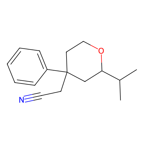 2-(2-isopropyl-4-phenyltetrahydro-2H-pyran-4-yl)acetonitrile structure
