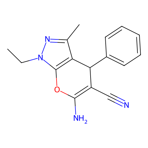 6-amino-1-ethyl-3-methyl-4-phenyl-4H-pyrano[2,3-c]pyrazole-5-carbonitrile structure