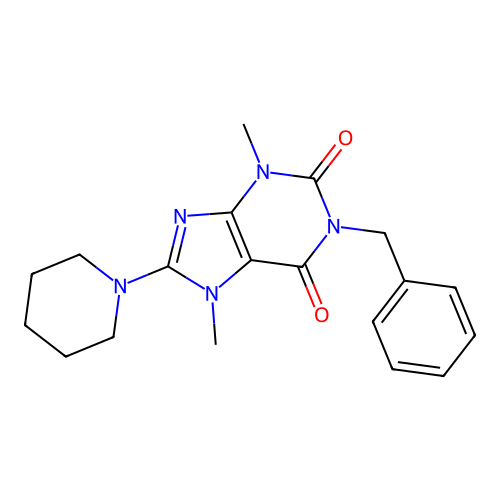 1-benzyl-3,7-dimethyl-8-(piperidin-1-yl)-3,7-dihydro-1H-purine-2,6-dione structure