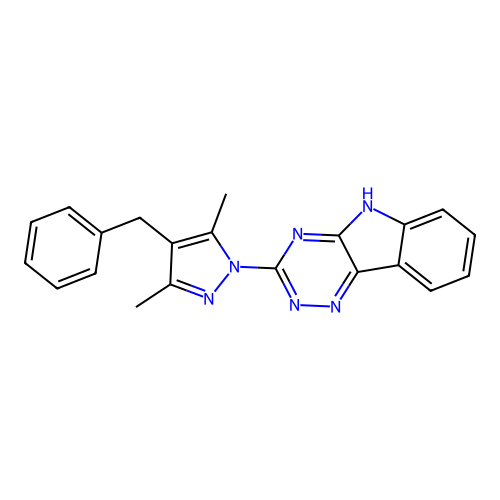 3-(4-benzyl-3,5-dimethyl-1H-pyrazol-1-yl)-5H-[1,2,4]triazino[5,6-b]indole structure