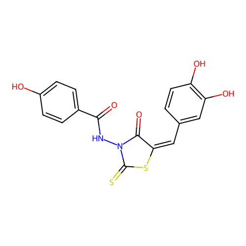 (E)-N-(5-(3,4-dihydroxybenzylidene)-4-oxo-2-thioxothiazolidin-3-yl)-4-hydroxybenzamide structure