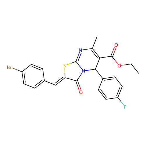 ethyl (2Z)-2-(4-bromobenzylidene)-5-(4-fluorophenyl)-7-methyl-3-oxo-2,3-dihydro-5H-[1,3]thiazolo[3,2-a]pyrimidine-6-carboxylate structure