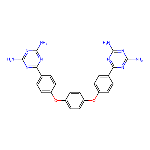 6,6'-[Benzene-1,4-diylbis(oxybenzene-4,1-diyl)]bis(1,3,5-triazine-2,4-diamine) structure
