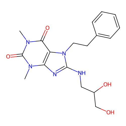 8-((2,3-dihydroxypropyl)amino)-1,3-dimethyl-7-phenethyl-1H-purine-2,6(3H,7H)-dione structure