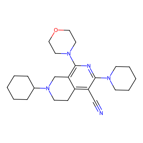 7-cyclohexyl-1-(morpholin-4-yl)-3-(piperidin-1-yl)-5,6,7,8-tetrahydro-2,7-naphthyridine-4-carbonitrile structure