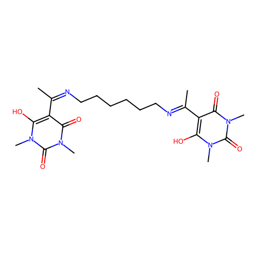 5,5'-((hexane-1,6-diylbis(azanediyl))bis(ethan-1-yl-1-ylidene))bis(1,3-dimethylpyrimidine-2,4,6(1H,3H,5H)-trione) structure