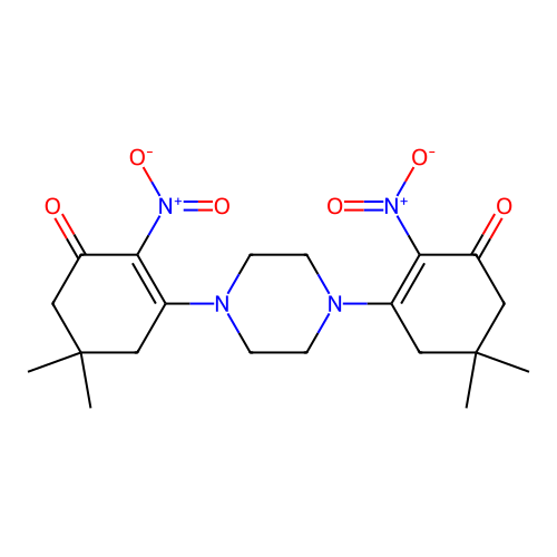 3,3'-(Piperazine-1,4-diyl)bis(5,5-dimethyl-2-nitrocyclohex-2-enone) structure