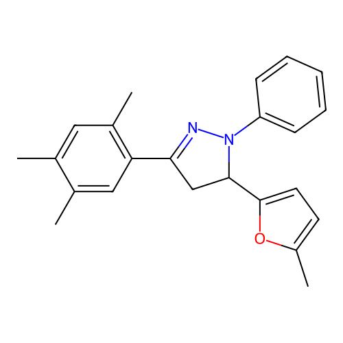 5-(5-methylfuran-2-yl)-1-phenyl-3-(2,4,5-trimethylphenyl)-4,5-dihydro-1H-pyrazole structure