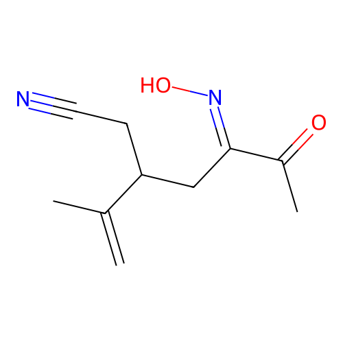 (5E)-5-(hydroxyimino)-6-oxo-3-(prop-1-en-2-yl)heptanenitrile structure