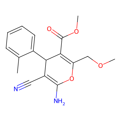 methyl 6-amino-5-cyano-2-(methoxymethyl)-4-(2-methylphenyl)-4H-pyran-3-carboxylate structure