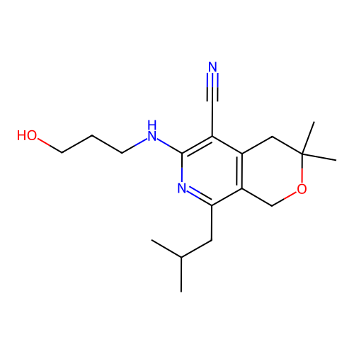 6-((3-hydroxypropyl)amino)-8-isobutyl-3,3-dimethyl-3,4-dihydro-1H-pyrano[3,4-c]pyridine-5-carbonitrile structure