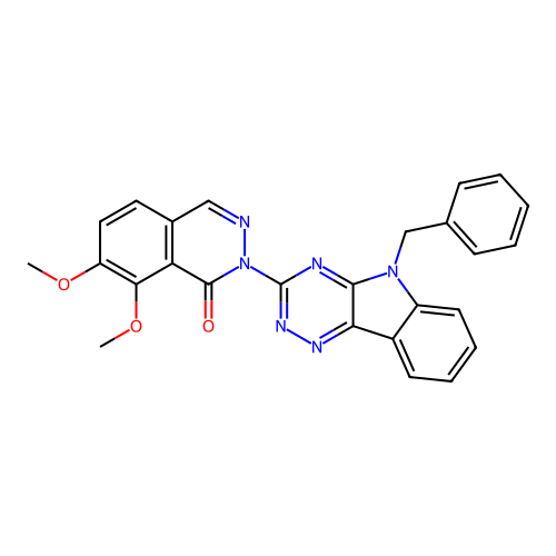 2-(5-benzyl-5H-[1,2,4]triazino[5,6-b]indol-3-yl)-7,8-dimethoxyphthalazin-1(2H)-one structure