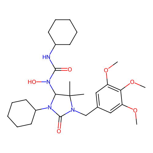 3-cyclohexyl-1-(3-cyclohexyl-5,5-dimethyl-2-oxo-1-(3,4,5-trimethoxybenzyl)imidazolidin-4-yl)-1-hydroxyurea structure