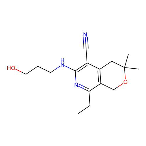 8-ethyl-6-((3-hydroxypropyl)amino)-3,3-dimethyl-3,4-dihydro-1H-pyrano[3,4-c]pyridine-5-carbonitrile structure