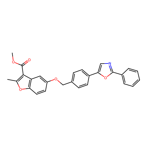 methyl 2-methyl-5-((4-(2-phenyloxazol-5-yl)benzyl)oxy)benzofuran-3-carboxylate structure