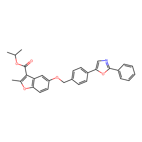 isopropyl 2-methyl-5-((4-(2-phenyloxazol-5-yl)benzyl)oxy)benzofuran-3-carboxylate structure
