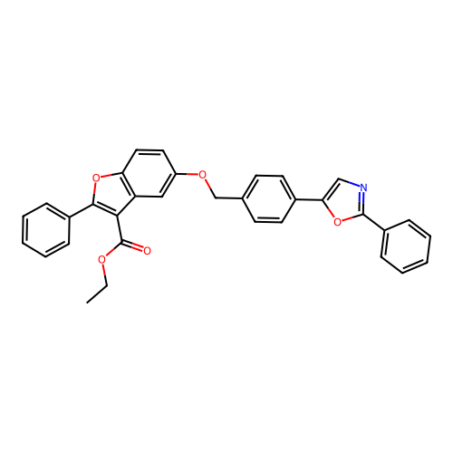 ethyl 2-phenyl-5-{[4-(2-phenyl-1,3-oxazol-5-yl)benzyl]oxy}-1-benzofuran-3-carboxylate structure
