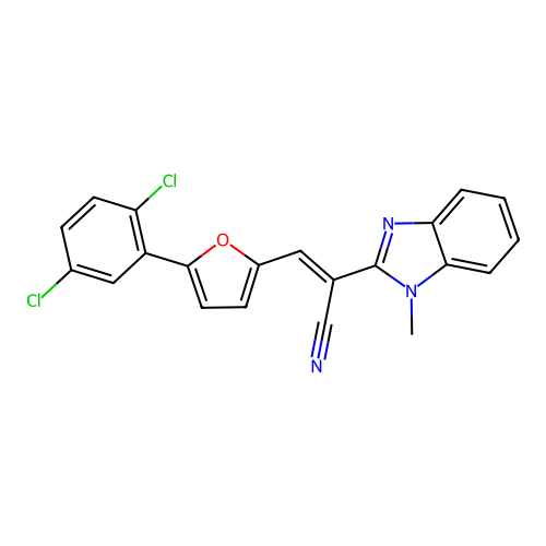 (2E)-3-[5-(2,5-dichlorophenyl)(2-furyl)]-2-(1-methylbenzimidazol-2-yl)prop-2-e nenitrile structure