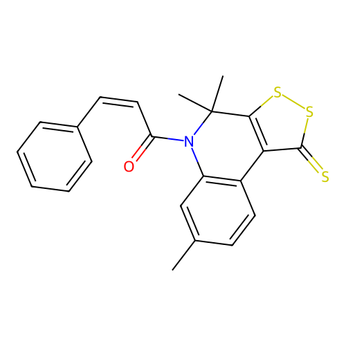 (Z)-3-phenyl-1-(4,4,7-trimethyl-1-thioxo-1H-[1,2]dithiolo[3,4-c]quinolin-5(4H)-yl)prop-2-en-1-one structure