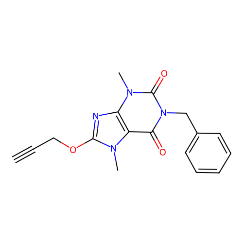 1-benzyl-3,7-dimethyl-8-(prop-2-yn-1-yloxy)-3,7-dihydro-1H-purine-2,6-dione structure