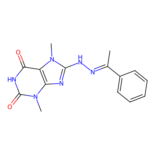(E)-3,7-dimethyl-8-(2-(1-phenylethylidene)hydrazinyl)-1H-purine-2,6(3H,7H)-dione structure