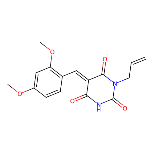 (E)-1-allyl-5-(2,4-dimethoxybenzylidene)pyrimidine-2,4,6(1H,3H,5H)-trione structure